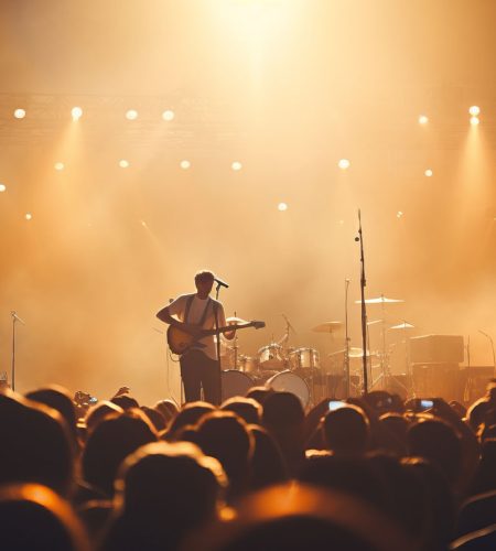 Blurred bokeh lights at music festival with live band and lively crowd dancing and singing along